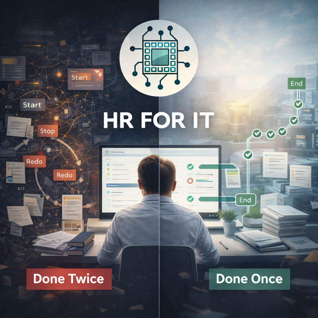 HRforIT workflow comparison graphic showing reduced rework and clearer end-to-end execution.